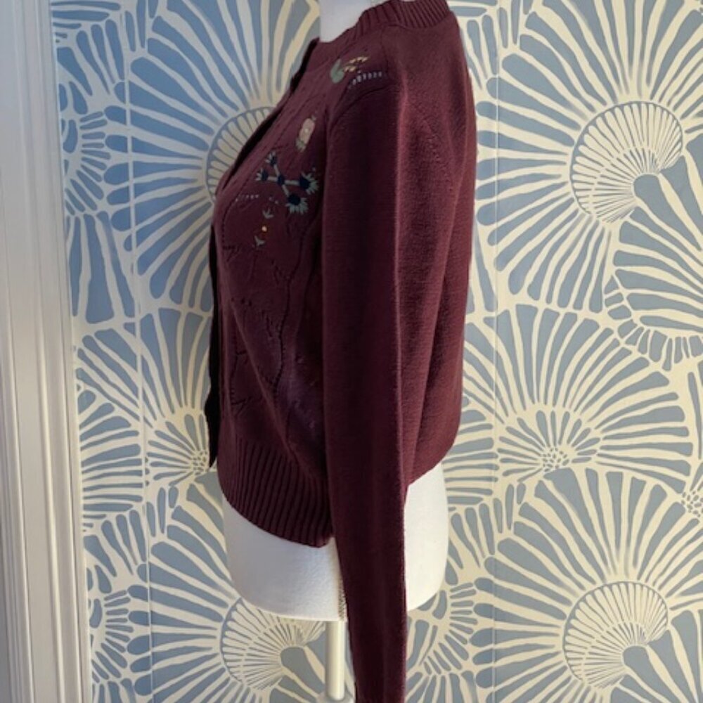 Lucky Brand Floral Embroidered Pointelle Cardigan Sweater Plum Size S - Picture 6 of 9